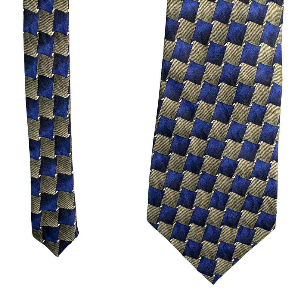 Louis Roth Mens Silk Necktie Blue Green Geometric Block Pattern Handmade 59x4